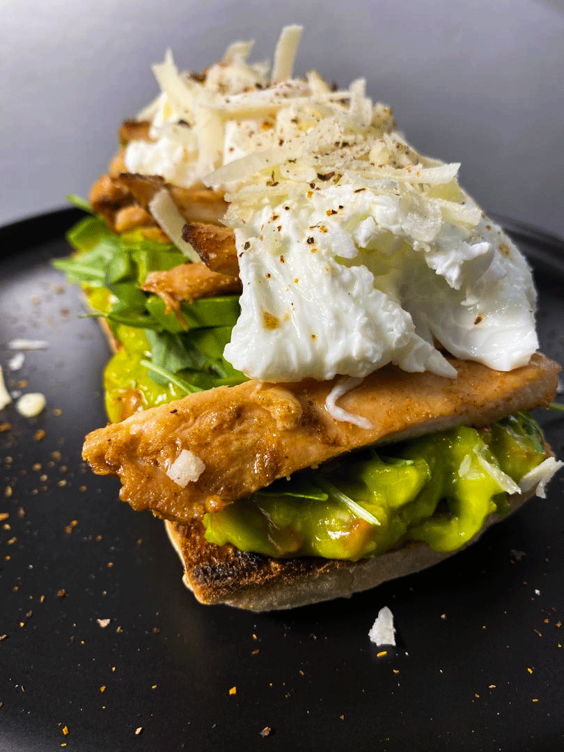 Deconstructed avocado and chicken ciabatta sandwich